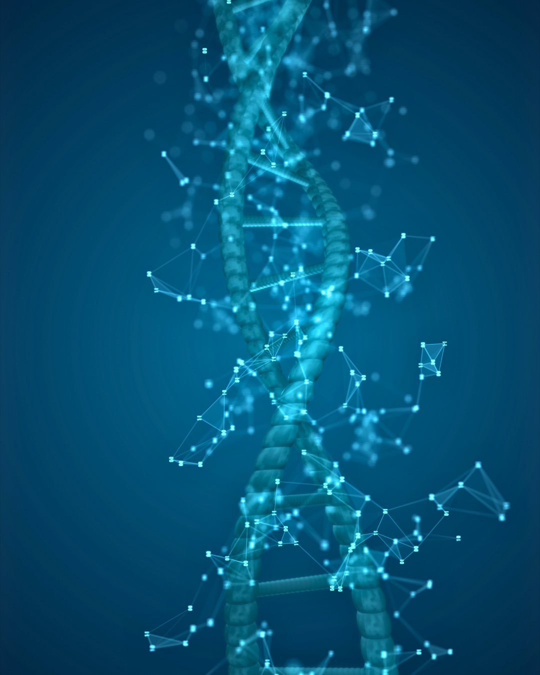 Teal DNA double helix with connected molecular nodes