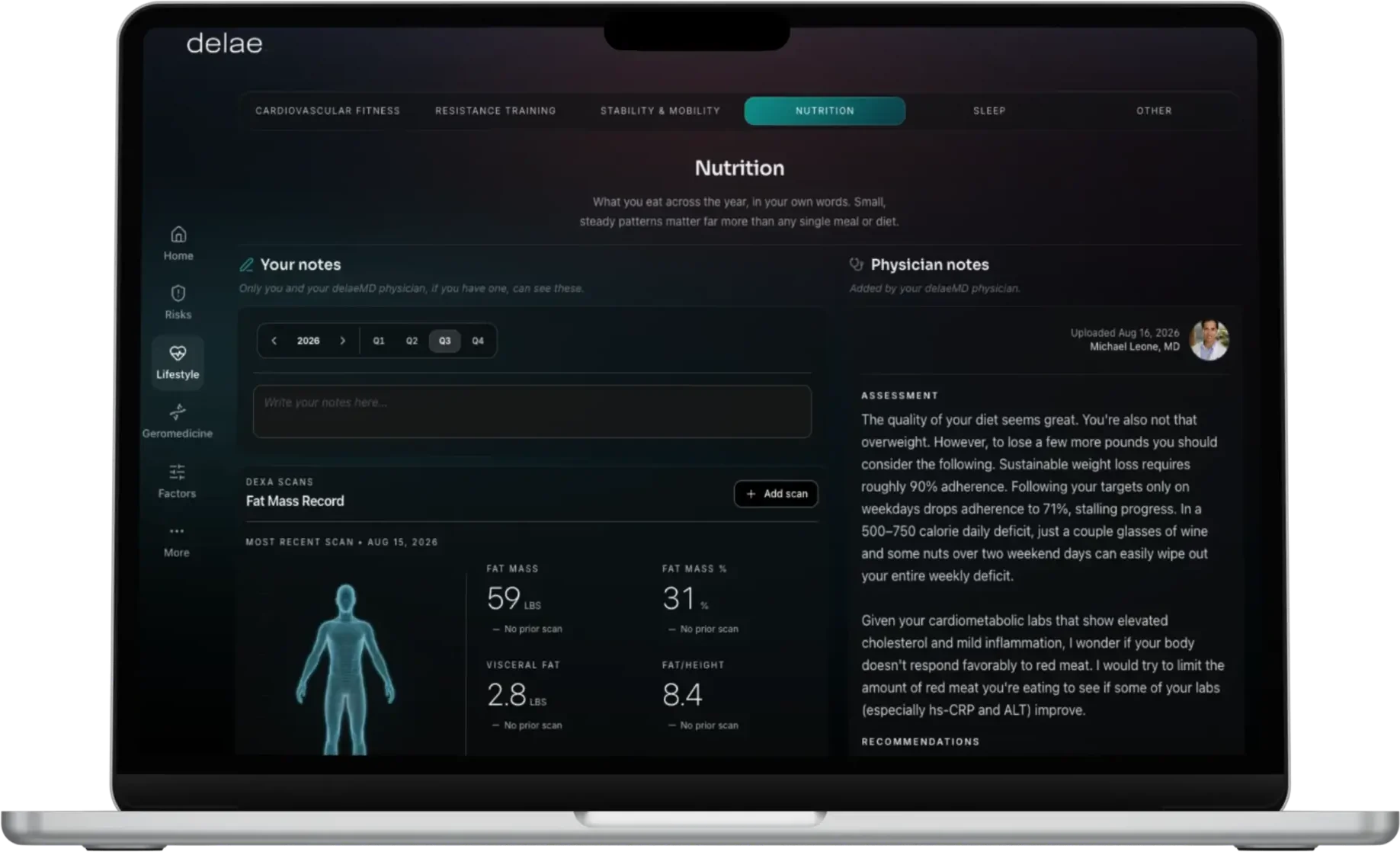 Lifestyle nutrition view with patient notes, body composition, and physician recommendations