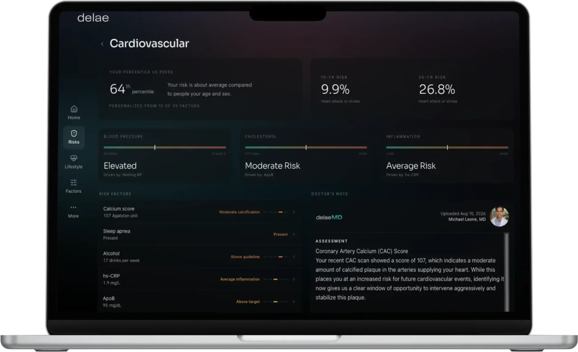 Cardiovascular detail view with percentile, risk projections, and risk factors